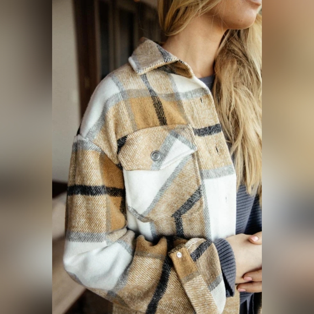 NEW Cozy Retro 70's Flannel Plaid Shacket Top Jacket Brown Tan White Gray - Picture 11 of 14